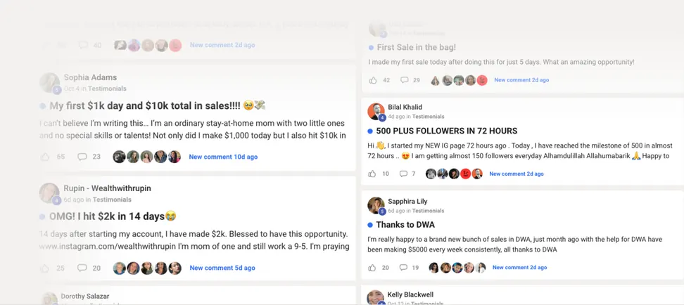 Mensagens de alunos da Digital Wealth Academy