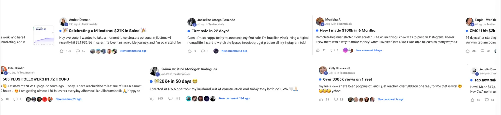 Mensagens de alunos da Digital Wealth Academy